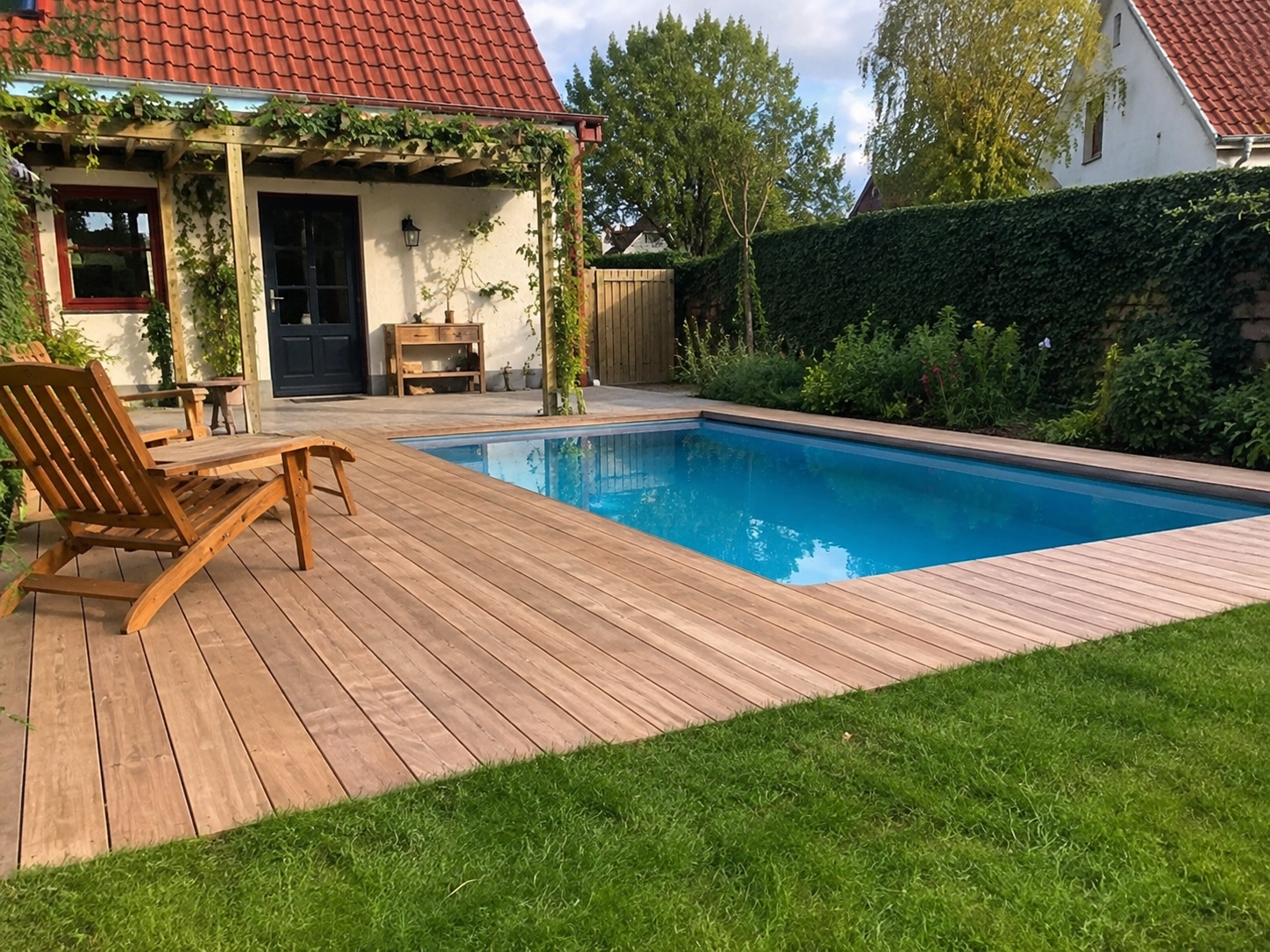 Projecten Houten vlonder rondom een compact zwembad