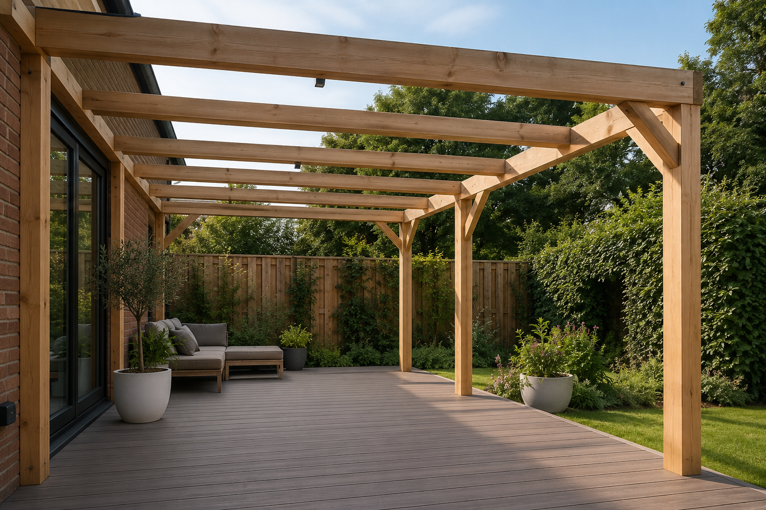 Houten pergola in particuliere tuin