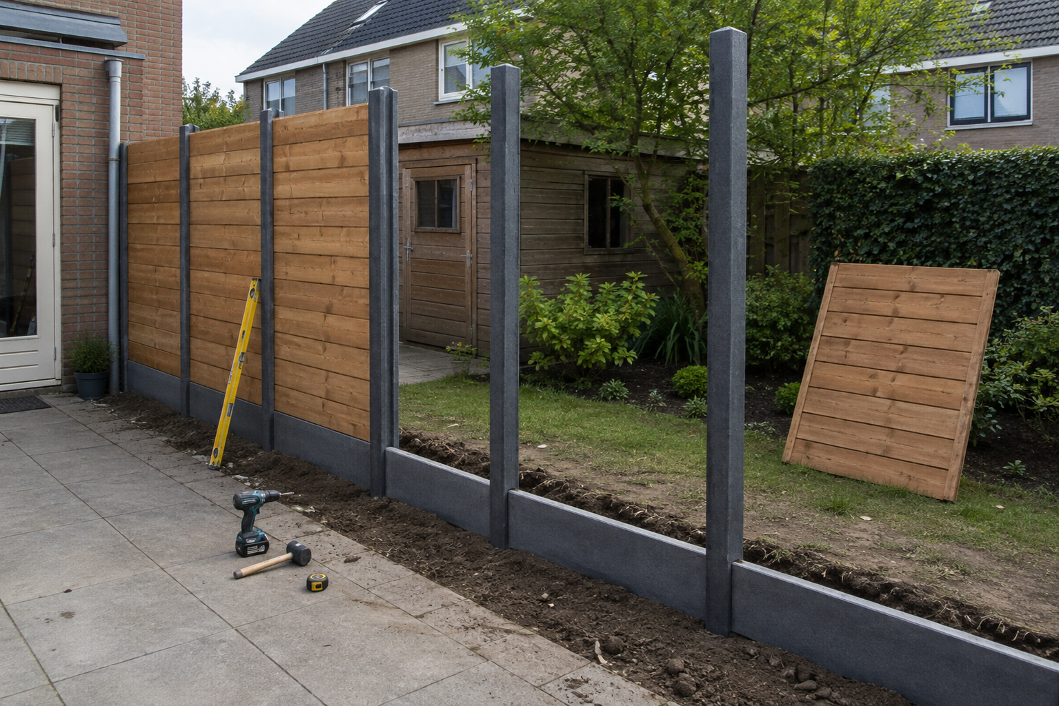 Projecten Schutting in aanbouw tijdens montage in achtertuin